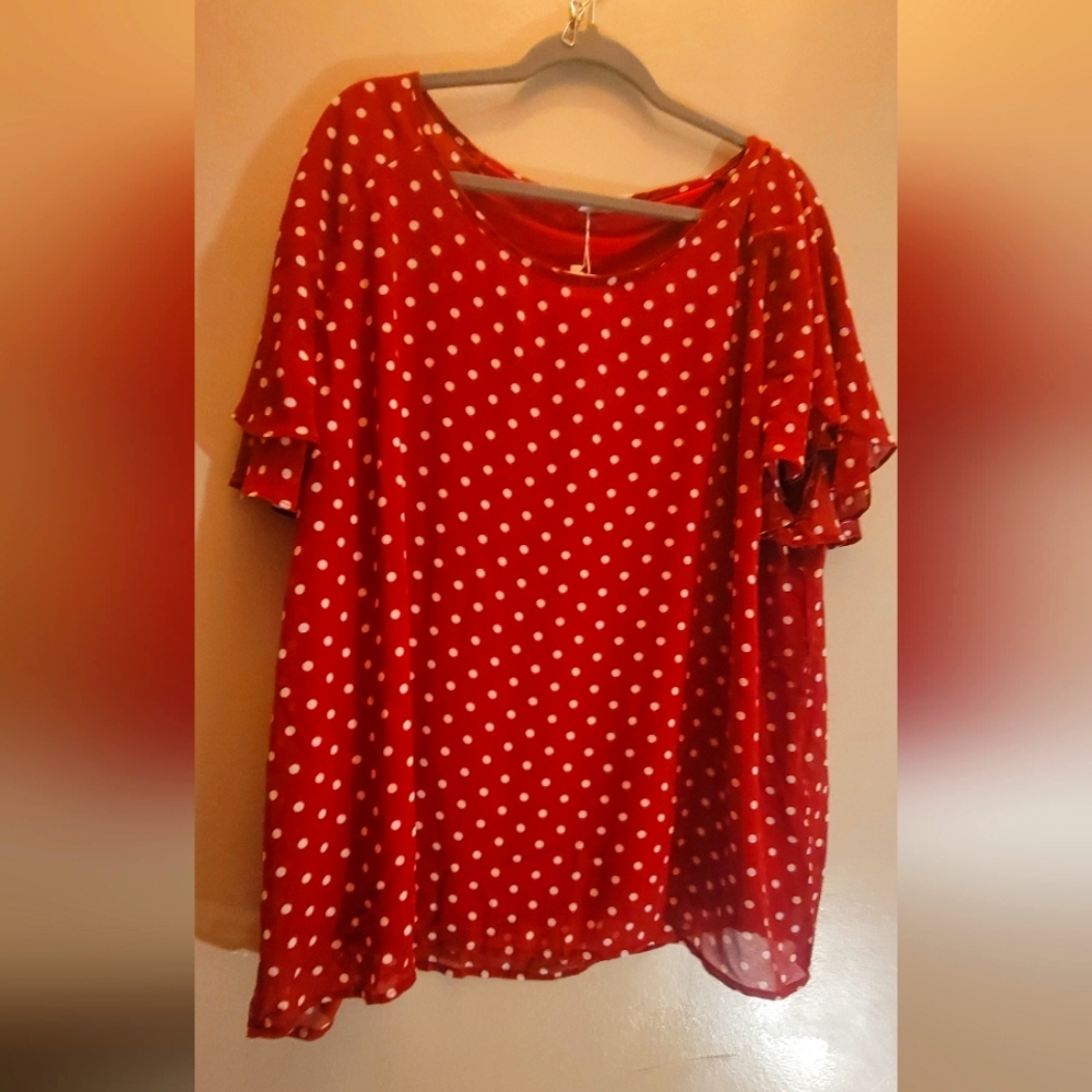 Red polka dot overlay blouse with solid under shirt. NWT
